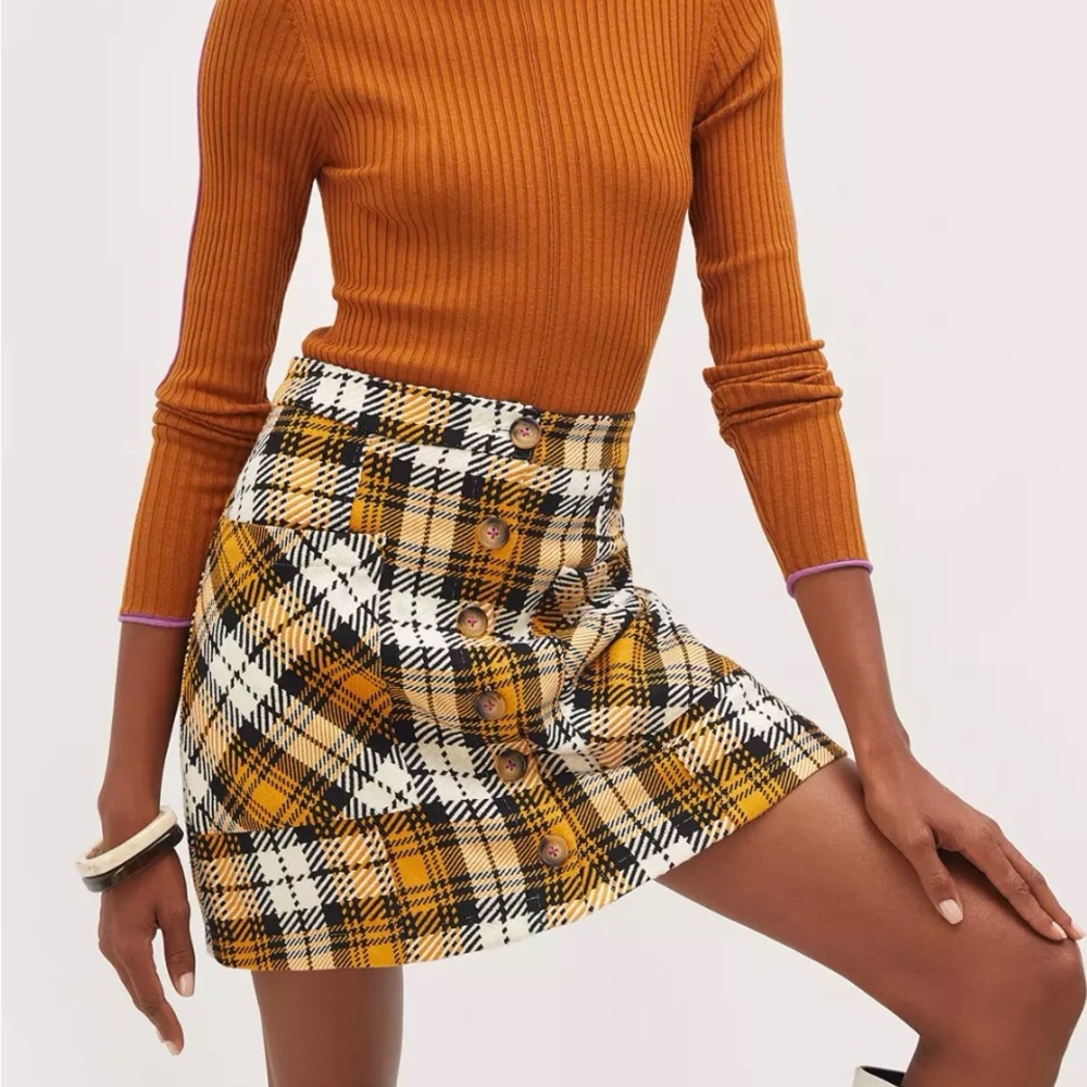 Maeve Anthropologie NWT Plaid Mini Button Skirt